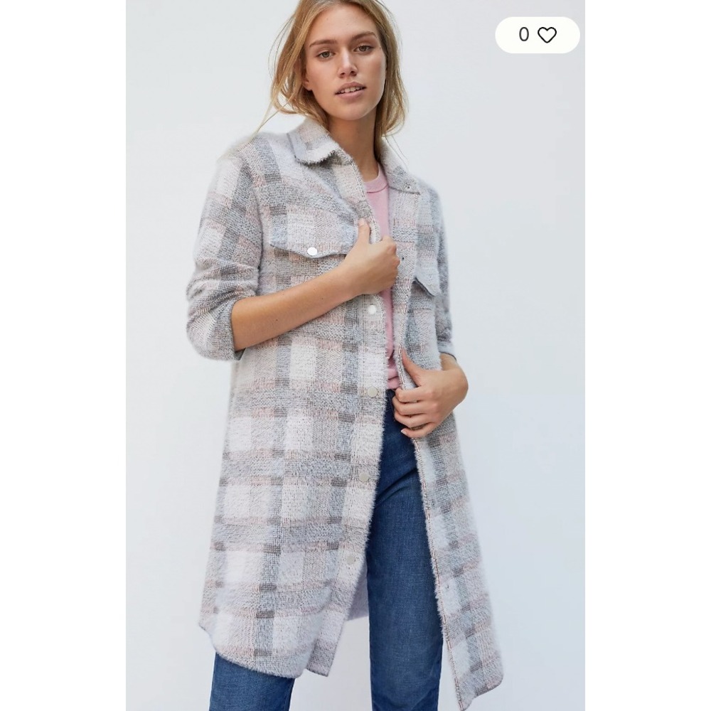 Anthropologie Pilcro Shacket Womens Large Pink Gray Excellent Plaid Fuzzy Knit